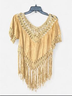 Love Culture Tan Mustard Crochet Fringe Tunic Top